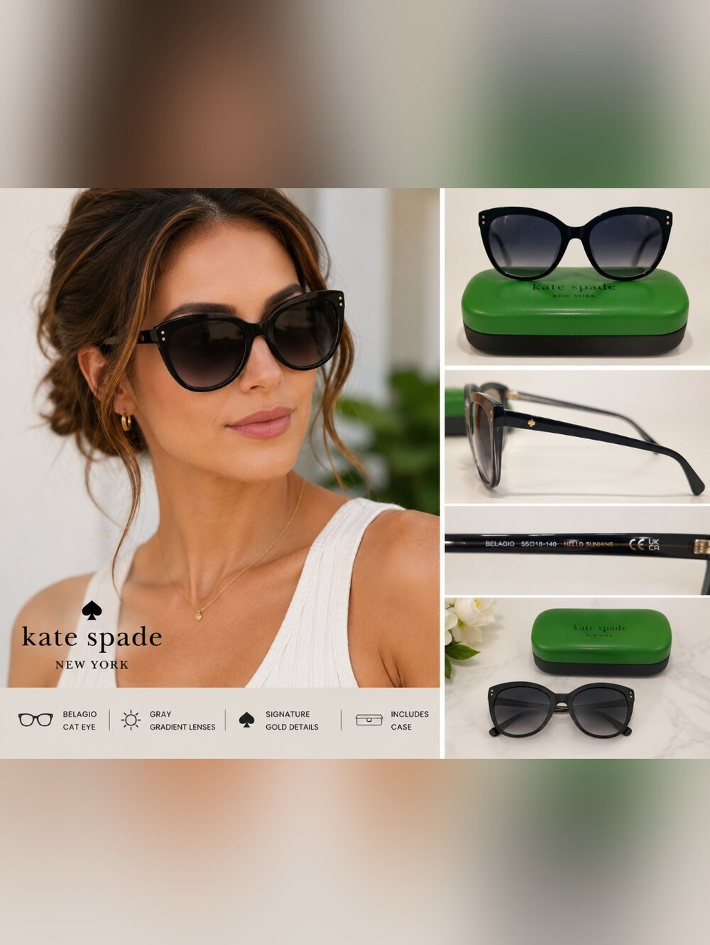 Kate Spade New York Belagio Cat Eye Sunglasses Black Gradient Lenses w/ Case